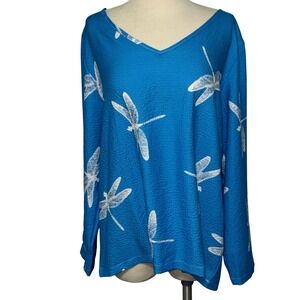 Noracora Blue Dragonfly Print V-Neck Long Sleeve Textured Stretch Top Women's L
